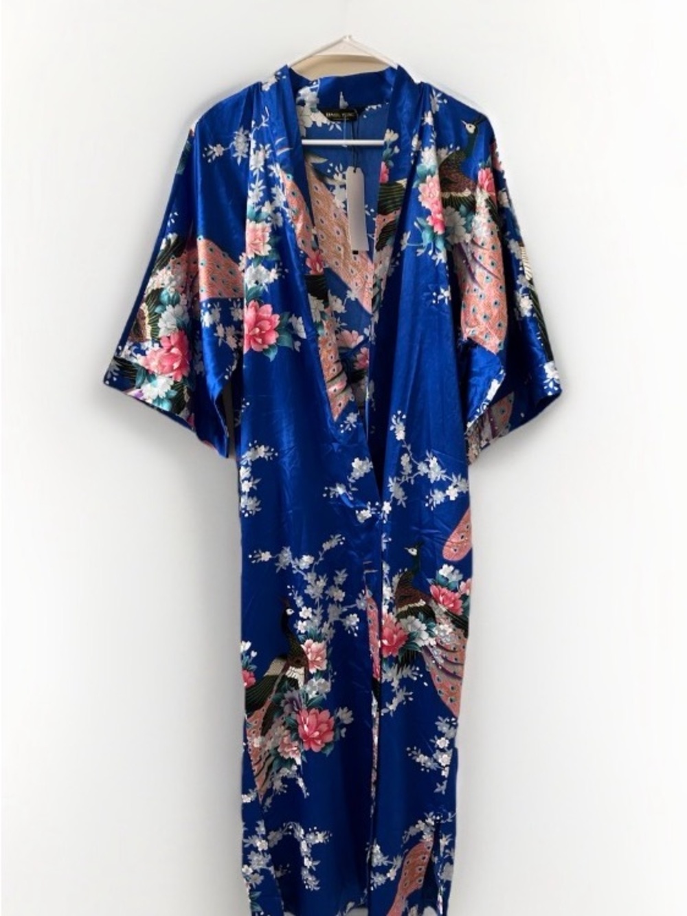 BABEYOND Electric Blue Peacock Satin Kimono Robe Long NWT S/M